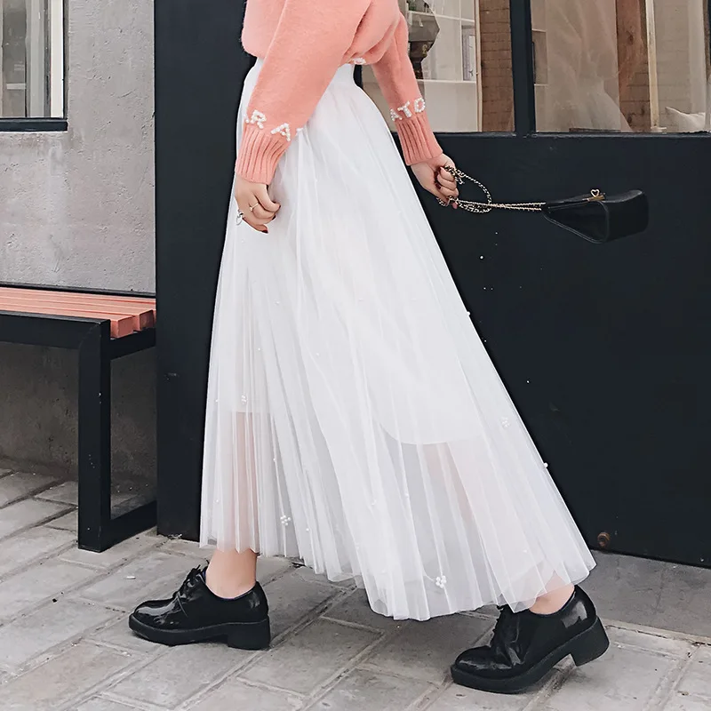 Летняя женская юбка, винтажное Сетчатое бальное платье с высокой талией, плиссированные юбки средней длины с бисером, женские юбки большого размера, 4 цвета, Saias MZ2764 g