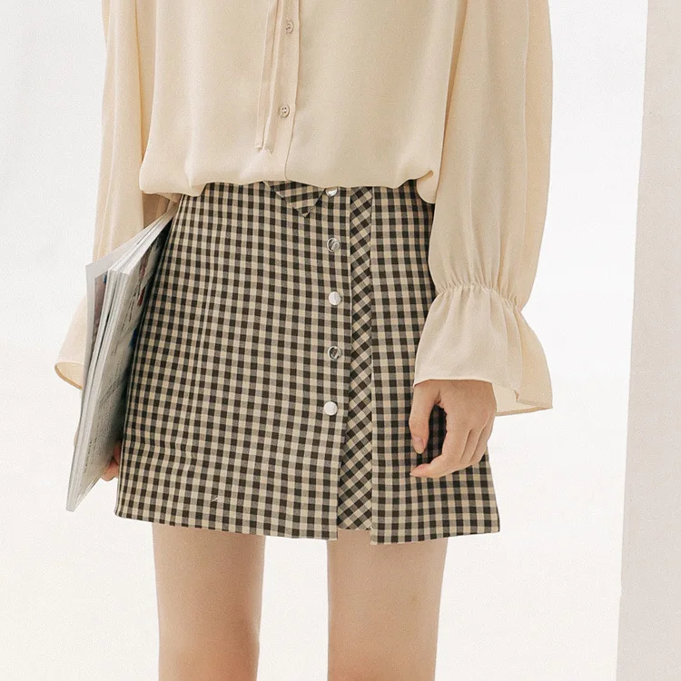 

2019 New Korean Edition of Small Fresh Side Button Student Short Skirt with Slender A Character Plaid Straight Skirts Women