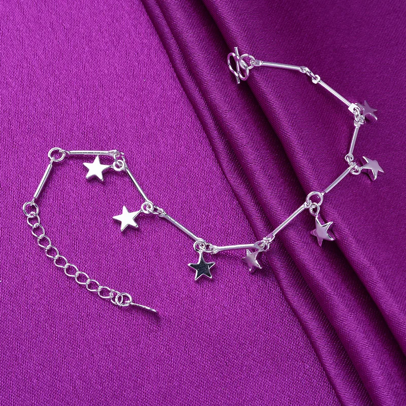 925 пробы, серебряные браслеты с подвесками в виде звездочек, звенья цепи, браслеты для женщин и девушек, вечерние ювелирные изделия на свадьбу A173