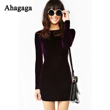 Ahagaga Women Velvet Dress 2017 Spring Solid Purple Fashion Long Sleeve O-neck Basic Elegant Sheath Dress Women Dresses Vestidos