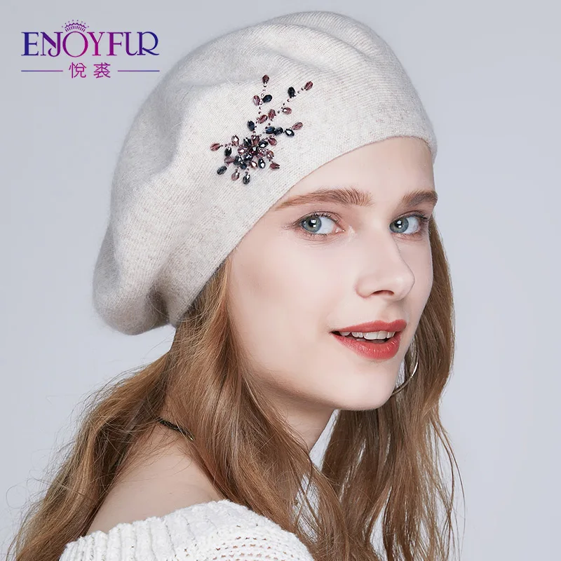 

ENJOYFUR Winter Beret hats for women wool knitted warm solid color Rhinestone berets female fashion beanie caps