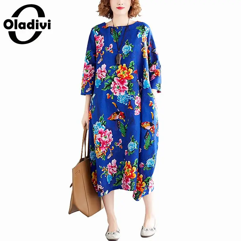 

Oladivi Brand Plus Size Women Apparel Fashion Print Cotton Linen Dress Lady Summer Casual Loose Bohemain Dresses Tunic Vestidios