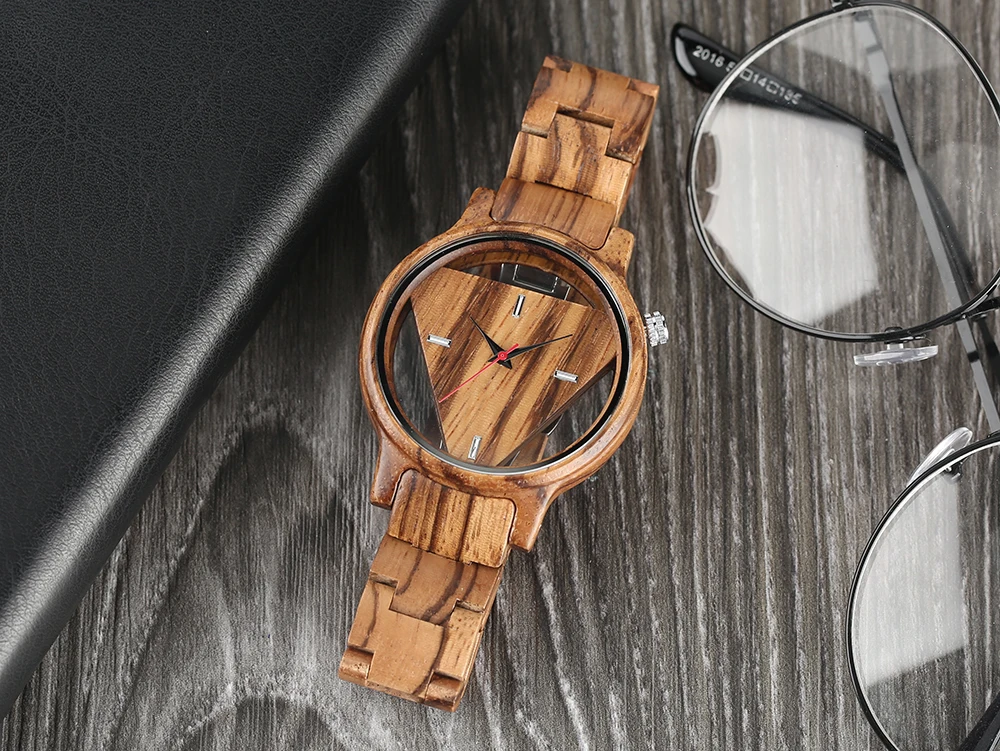 Креативные бамбуковые деревянные наручные часы для мужчин, дизайн, полый треугольный циферблат, кварцевые мужские часы, лучший подарок, рождественские часы
