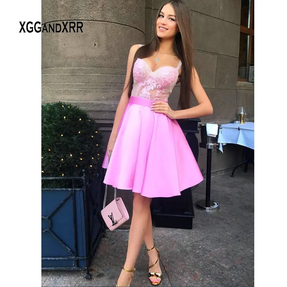 

B615 Pink Short Prom Dress 2019 Sexy Sweetheart Spaghetti Lace Applique Satin Elegant vestidos de festa Girls Homecoming Gown