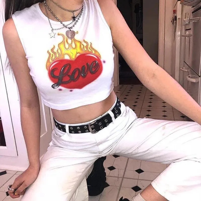 

Women Harajuku Crop Top Summer 2018 Flame Red Heart Print Cropped T-Shirt 90s Belly Unif Sexy Croptop Sleeveless Vest Tank Tops