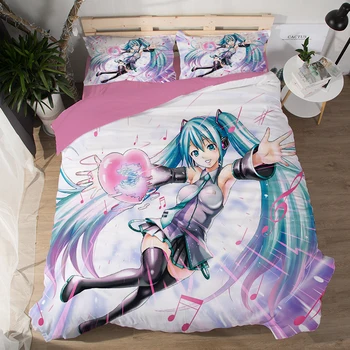 

New Anime Cartoon 3D Snow pink green Hatsune Miku Printed Bedding Set With Soft Pillowcase Bed flat Sheet Duvet Cover Set 3/4pcs