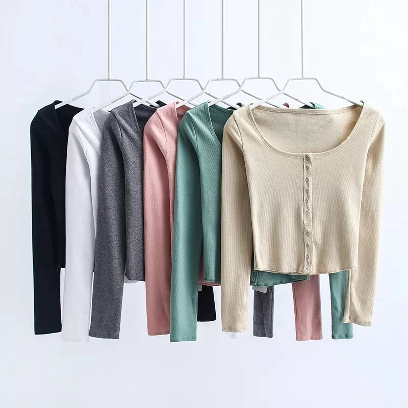 

Summer korean style women crop top 2019 casual o neck tshirt knitted buttons long sleeve t shirt women tops punk streetwear