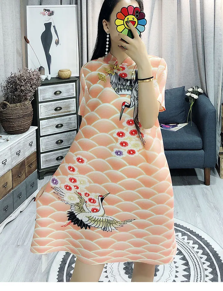 

Miyake Folds Pleated Temperament Print Cheongsam Loose Plus Size Dress