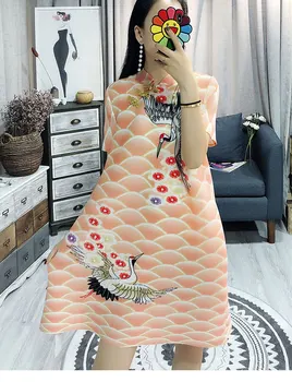 

Miyake Folds Pleated Temperament Print Cheongsam Loose Plus Size Dress