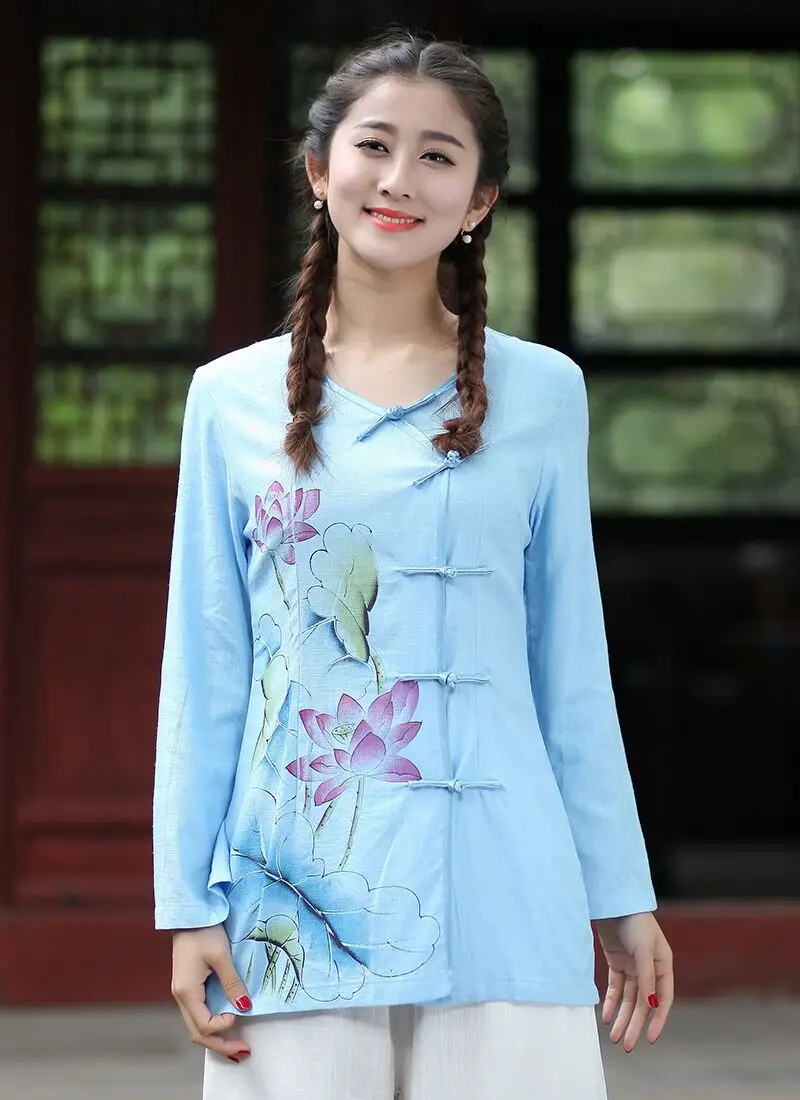 Top Selling Light Blue Ladies Cotton Linen Shirt Tops