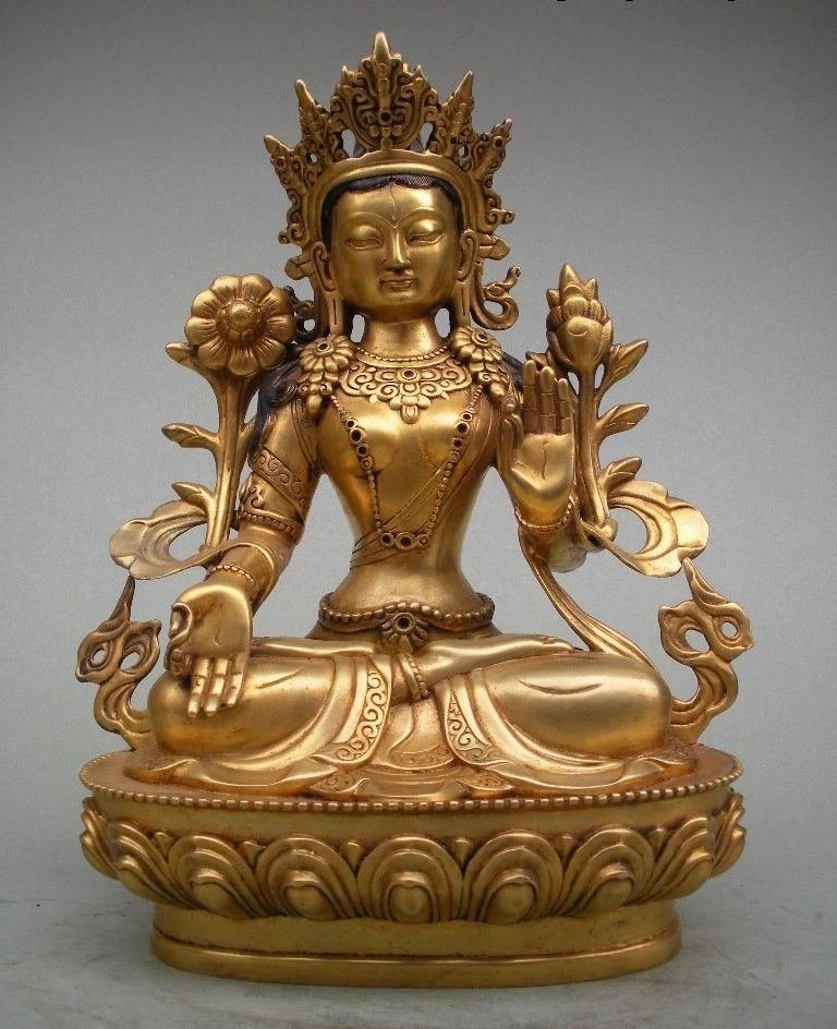 

21CM Tibet Buddhism 100% pure bronze 24K Gold White Tara Kwan-yin Buddha statue
