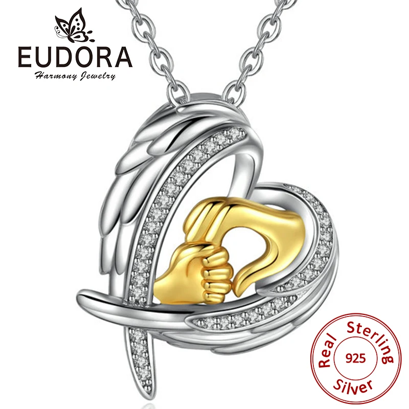 

EUDORA 925 Sterling Silver Guardian Wing Heart Pendant Gold Hand Necklace Fine Jewelry for Women Mother Birthday Gift D272