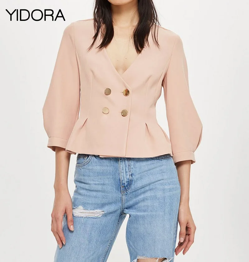 

Fall 2018 New In Ladies Grey/Pink Solid Color Metal Buttons Peplum Jacket Top - V Neck Double-breasted Peplum Jacket For Women