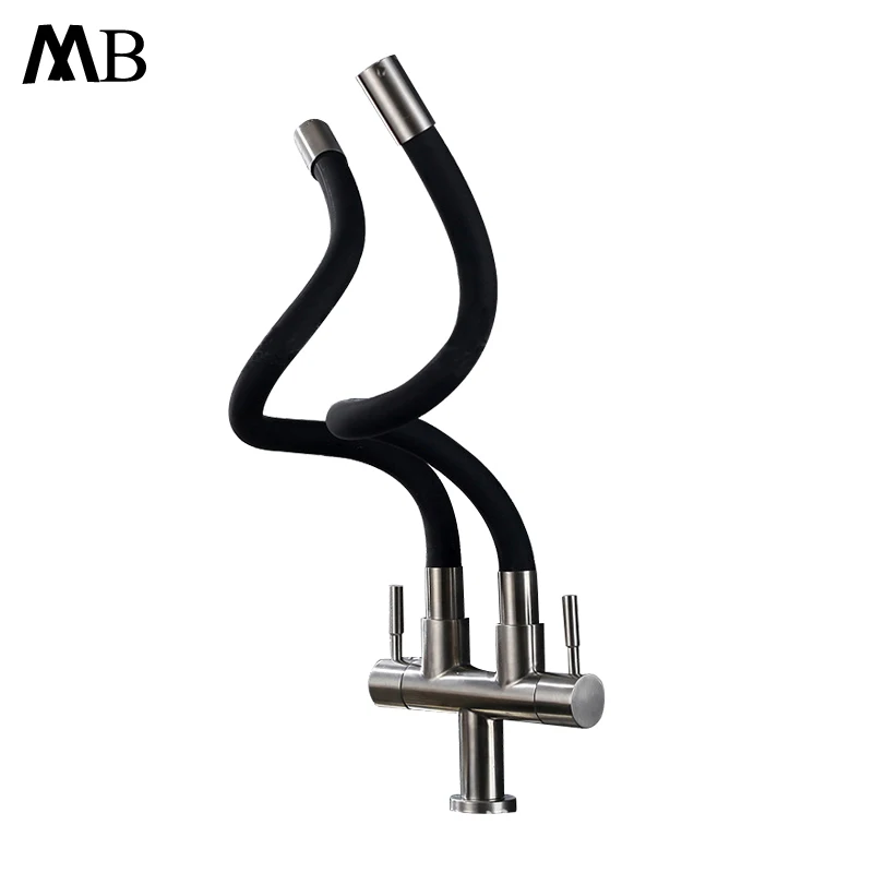 

Kitchen Faucets Brushed Single Hole 2 Handles 720 Degree Rotation Cold Water Tap 2 Water Outlet Kitchen Sink Faucets 304 SUS