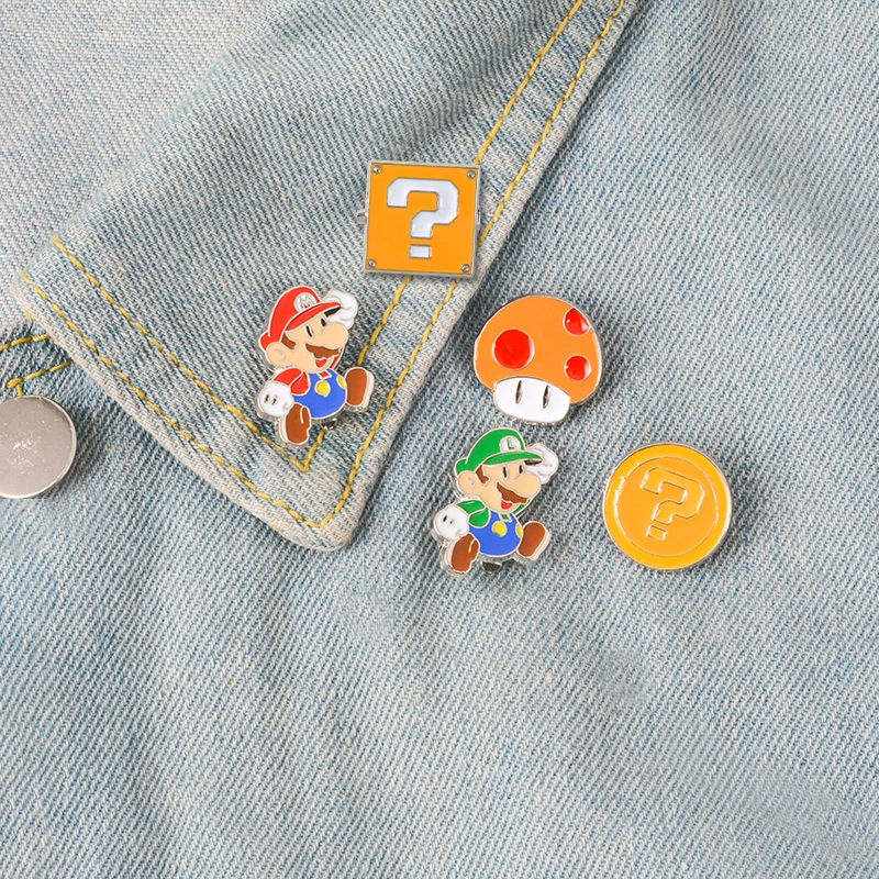 

Childhood Memory Classic Cartoon Bros Mushroom Gold Theme Enamel Brooches pin For Game Fans