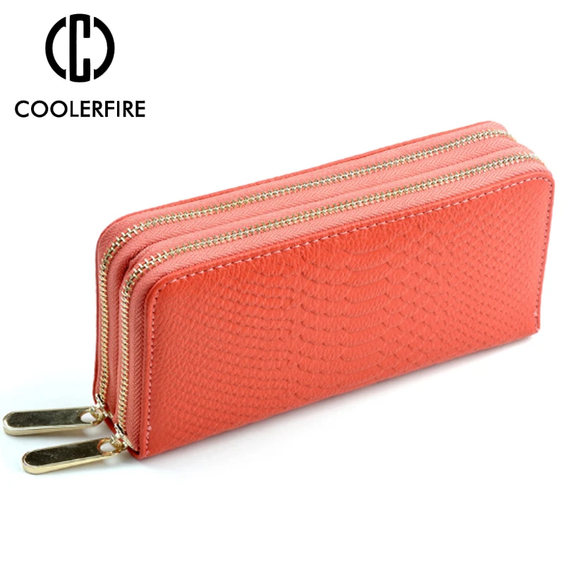 

New Fashion Women Double Long Zipper Clutch Lady Wallet Wristband Money Bag Cowhide Coin Purse Large Capacity Wallets PJ047