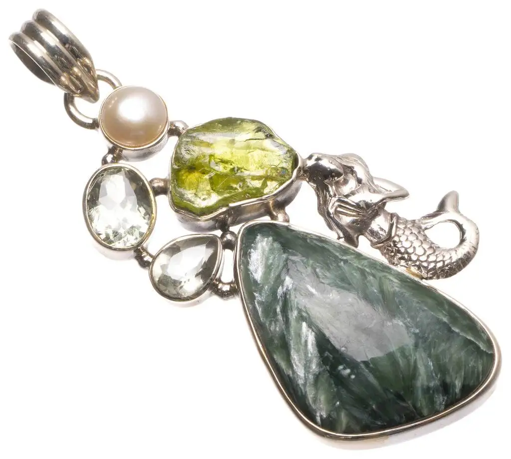 

Natural Seraphinite,Peridot,Green Amethyst River Pearl Mexican 925 Sterling Silver Pendant 2 1/4" U0316