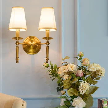 

Modern Wall Lamp Real Copper Wall Sconces Fabric Lampshade Bathroom Mirror Bedside Cabinet Fixtures Home Lighting