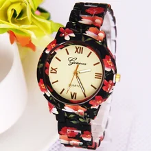 Gnova Platine De Mode femmes montre fleur imprimer en plastique bande Genève style quartz montre-bracelet Vintage horloge par femme amie