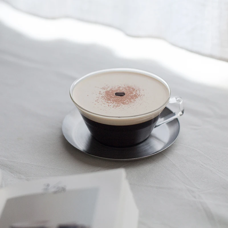 

Japanese simple transparent heat resistant glass milk tea cup set with stainless steel dish coffee cup plate set