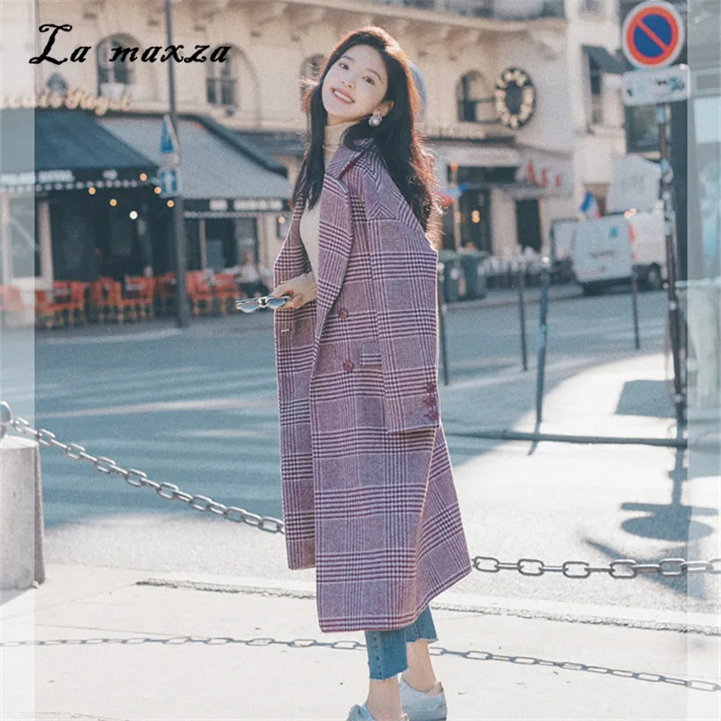 

Women Coats Winter 2018 Women Plaid Fashion Vintage Korean Style Wool Coat Casual Long Coat with Belt