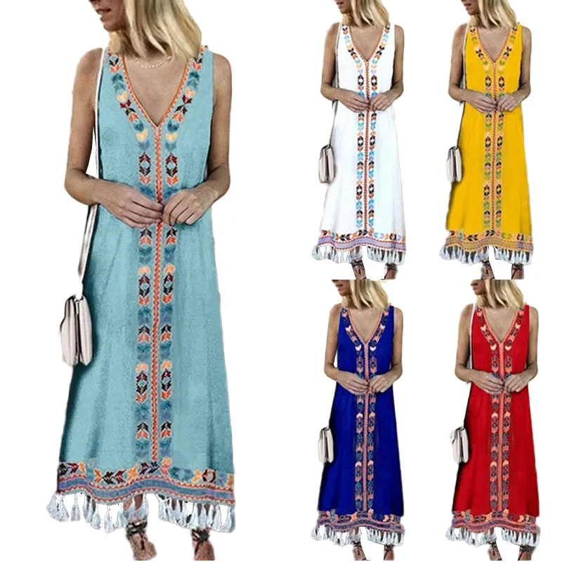 

S-5XL Boho Tribal Style Maxi Long Dress For Women Sleeveless Caftan Robe Shift Fringe Hem Dress African Print Ladies Plus Size