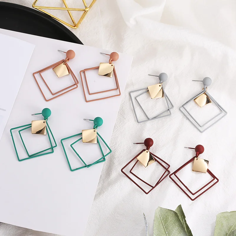 

Korean Geometric Green Wine Red Gray Pink Two Hollow Rhombus Long Dangle Earrings Big Drop Earrings for Women Jewelry