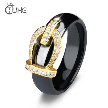 

New Retro Crystal Drill Hollow Princess Crown Black White Ceramic Rings For Women Gold Color Crown Party Wedding Ring Jewelry