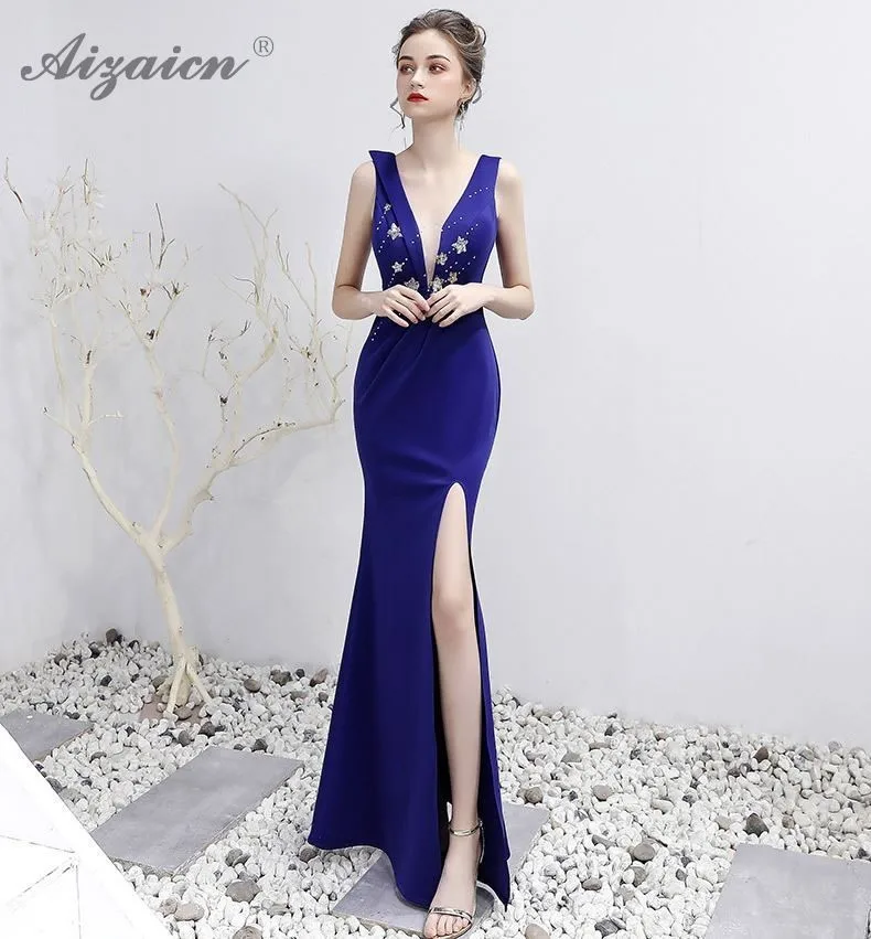 V образным вырезом Длинные Cheongsam синий современный китайский вечернее китайское платье-Ципао модные, пикантные высокие Разделение юбка вечерние платья Qi Pao Для женщин халат