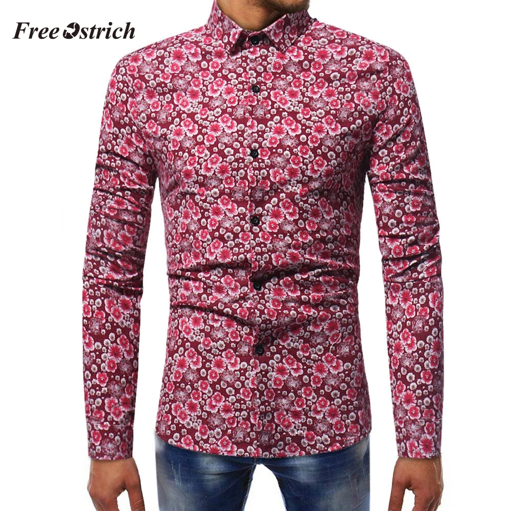 

Free Ostrich Men's Floral Printed Long Sleeve Shirt Hawaiian Style Slim Shirt High Quality Turn-down Collar Male Tops New