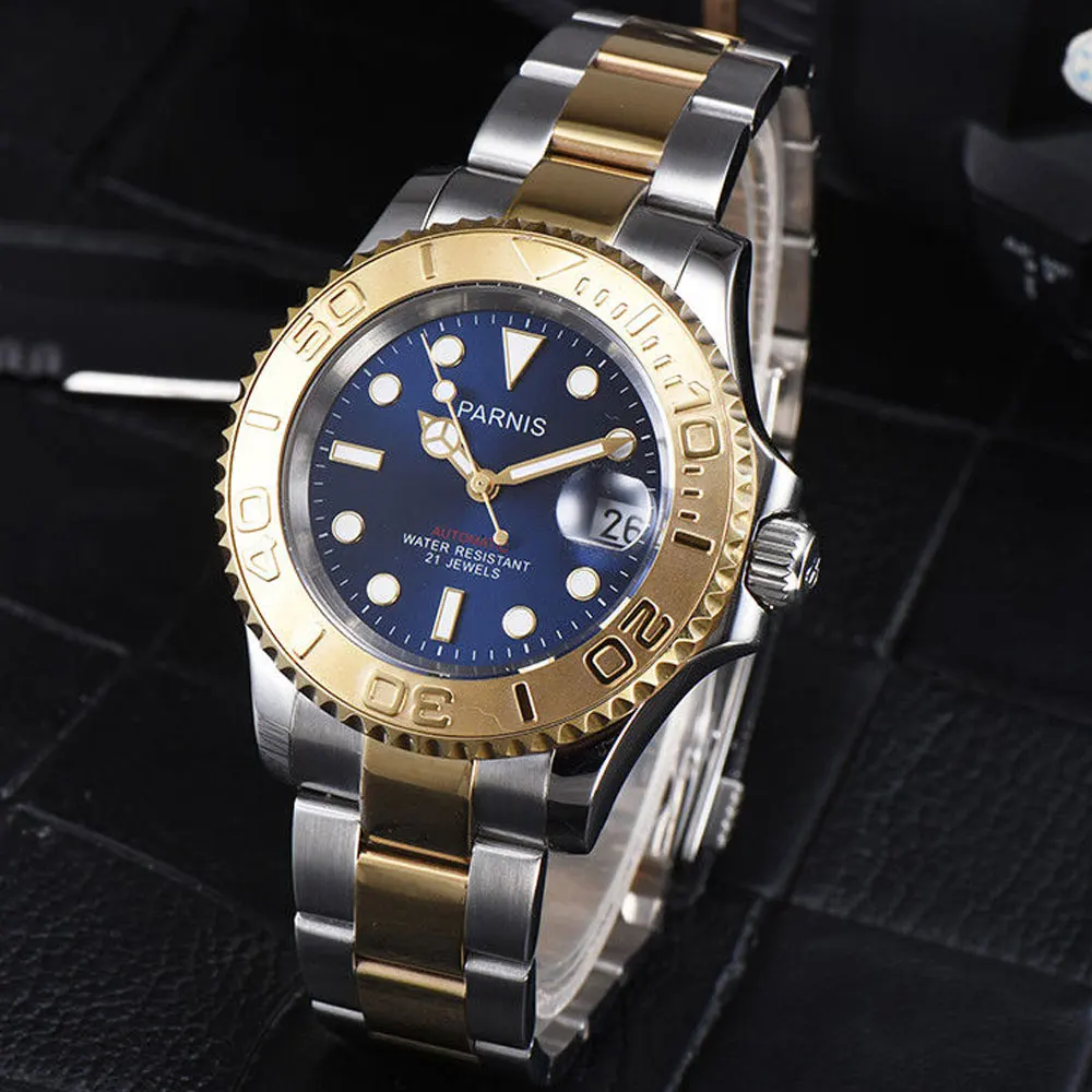 

41mm Parnis Blue dial Stainless Steel Case Sapphire glass Luminous Hands Luxury 21 jewels miyota Automatic movement Mens Watch