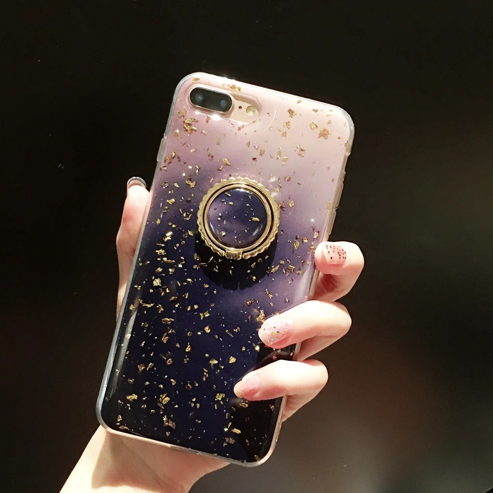 Геометрический мраморный чехол для IPhone X XS Max, блестящий золотой фольги, чехол для IPhone 8 7 6s Plus, TPU, задняя крышка, металлический палец, кольцо, держатель, чехол - Цвет: 3