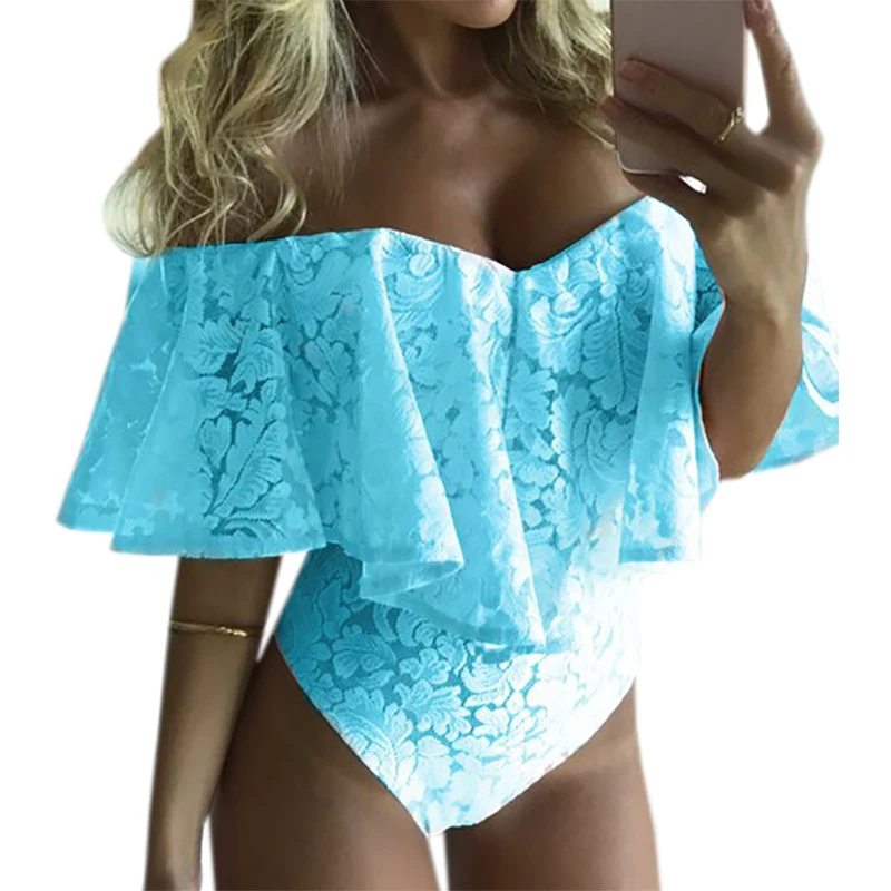  Summer Ruffles Lace Bodysuit Women Jumpsuits Off Shoulder Slash Neck Body Top Beach Overalls Sexy Beach Bodysuits