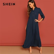 SHEIN rodó Tab manga cuello redondo botón frontal de manga larga vestido liso otoño mujeres de manga larga sólida árabe vestidos