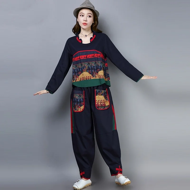 Женский этнический винтажный костюм Hanfu Брюки с карманами и топ комплект из двух