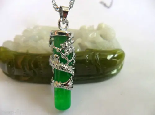 

ddh003648 Imperial Tibet Silver Natural Dragon Green Jade Pillar Pendant Necklace Amulet N Discount