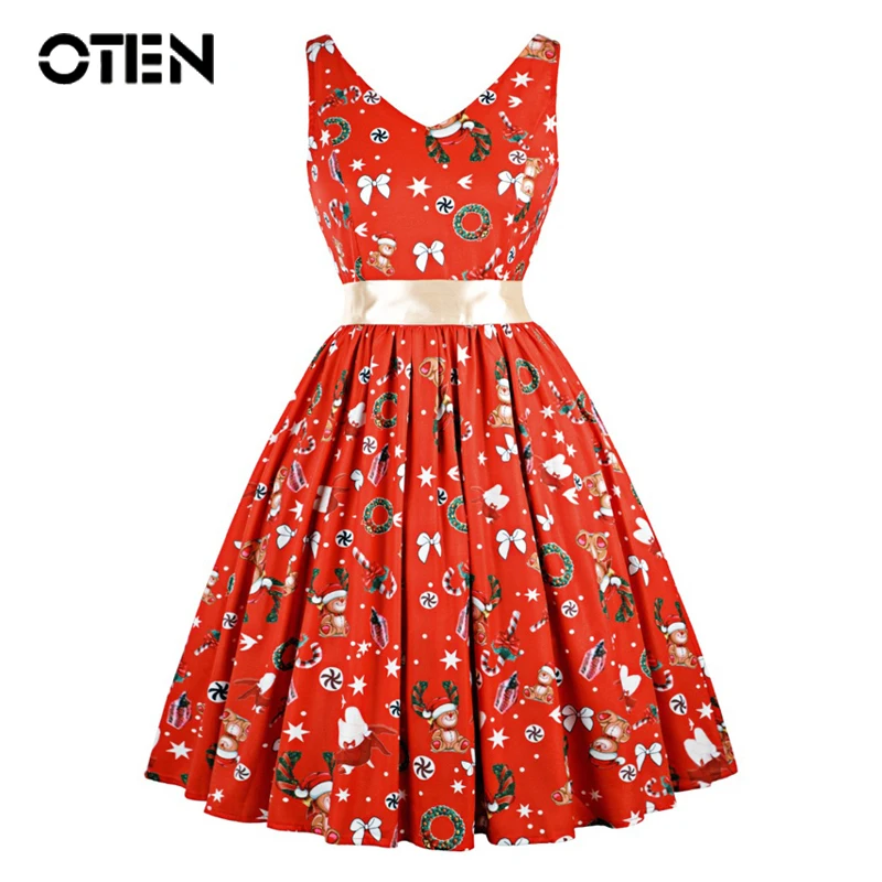 

OTEN Christmas dresses woman Summer 2018 Sleeveless Flower Leaf Printed Hepburn 50s 60s Vintage retro Rockabilly Skater dress