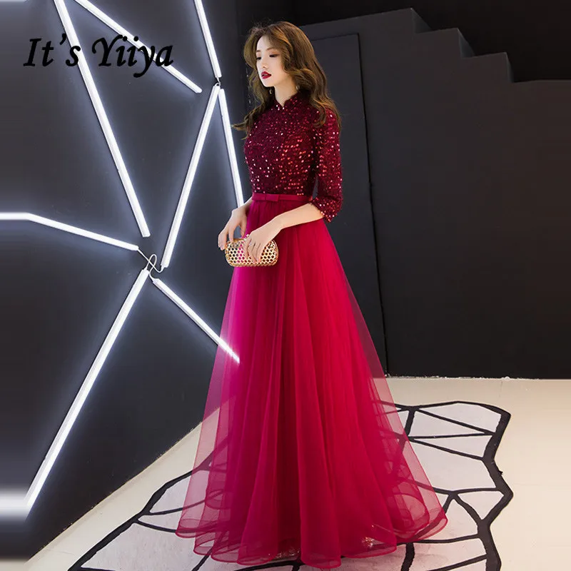 Это YiiYa вечернее платье винно-красного цвета с коротким рукавом, блестящие Длинные вечерние платья, элегантное торжественное платье на молнии с круглым вырезом E101