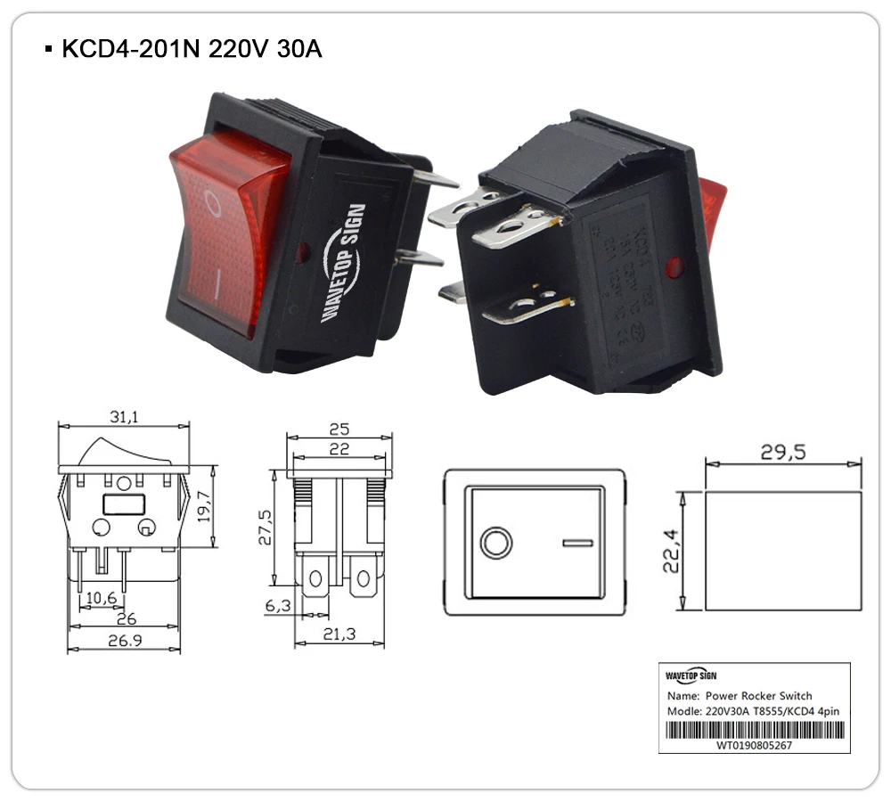 WaveTopSign лазерный выключатель питания 220 В 30A 4Pin выключатель питания 220V16A 3Pin круглый выключатель 220 В 3A 3 шт./лот