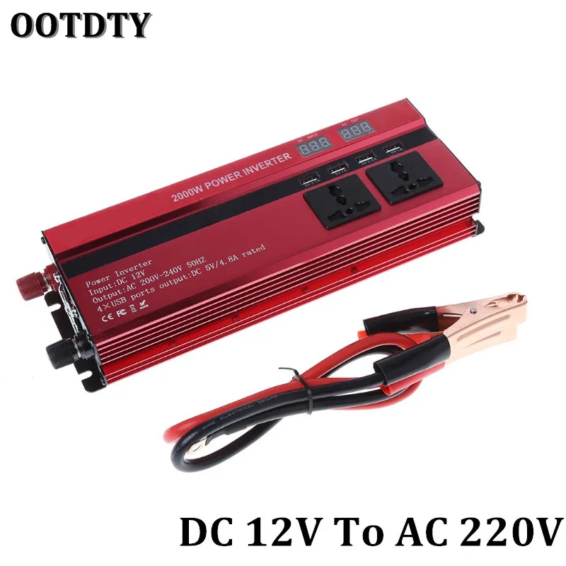 

OOTDTY 2000 W Auto LED Inverter DC 12V To AC 220V 4 Porte USB Charger Veicular Car Power Inverter Doppio Display