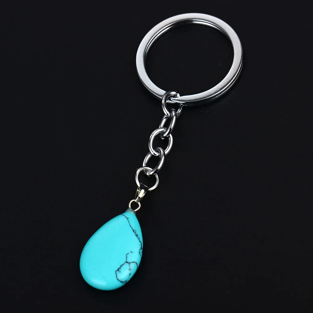 Blue Quartz Nature Stone Water Drop Charms Keychain Keyring Family