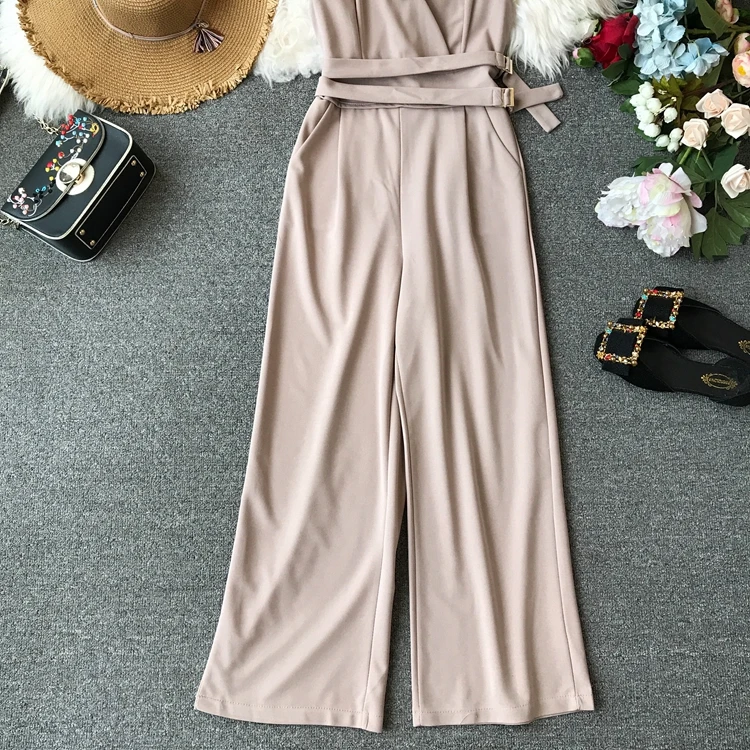 Sleeveless V-neck High Waist Sashes Wide Leg Jumpsuit