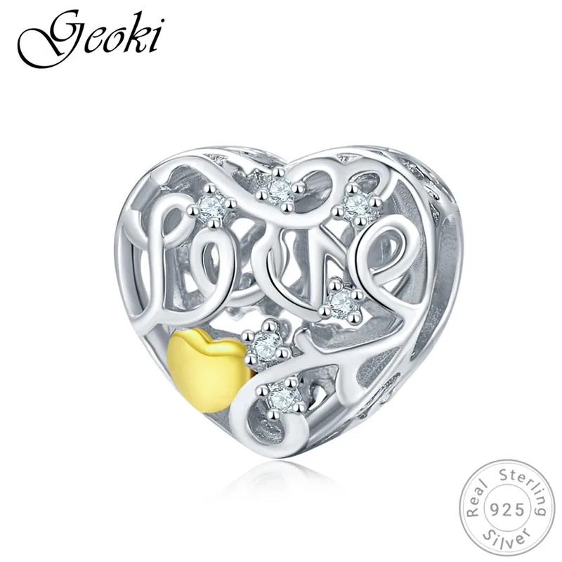 

Geoki 925 Sterling Silver Gold-color Heart Love Letter Shaped Charms fit Original Pandora Bracelet CZ Alphabet Beads Pendant