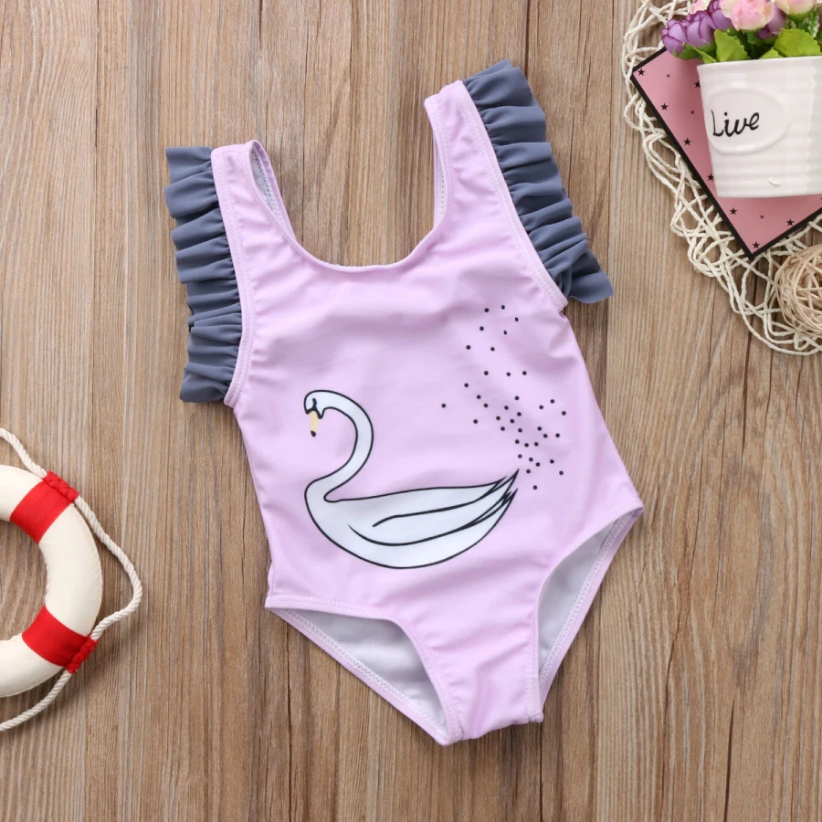 Летняя одежда для новорожденных девочек с лебедем; купальный костюм с оборками; плавательный костюм; одежда без рукавов для маленьких девочек