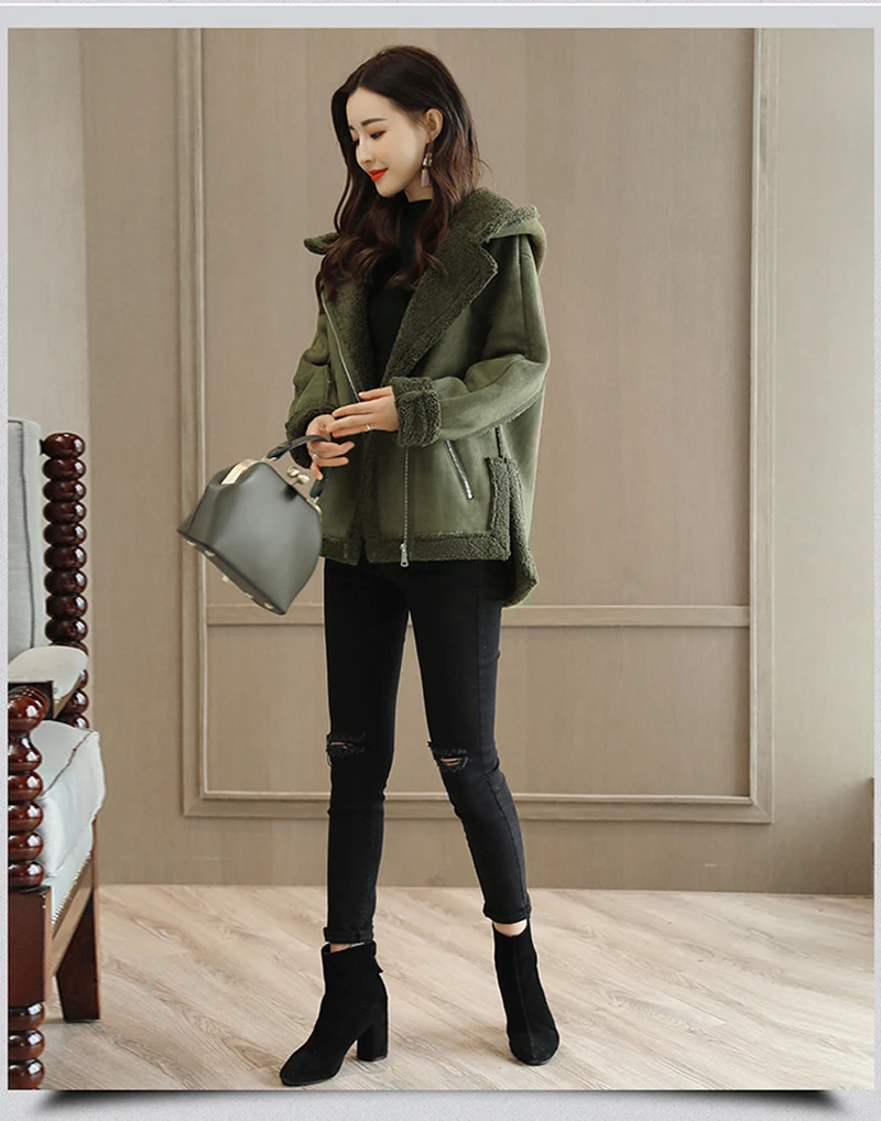 Новая мода Короткие женские куртки замшевый кожаный воротник на молнии Женское пальто зимнее с длинным рукавом Женская замшевая теплая куртка QH1232