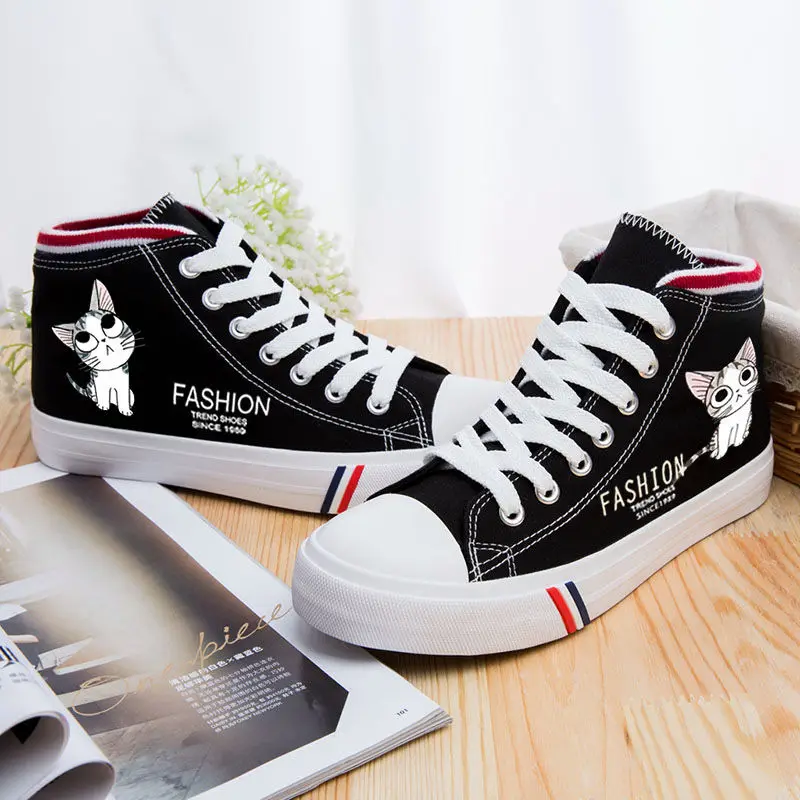 

Fashion Students Vulcanized Shoes Print Sweet Cat Boys Men Lace-up Casual Shoes Breathable Walking Canvas Shoes Graffiti Flats