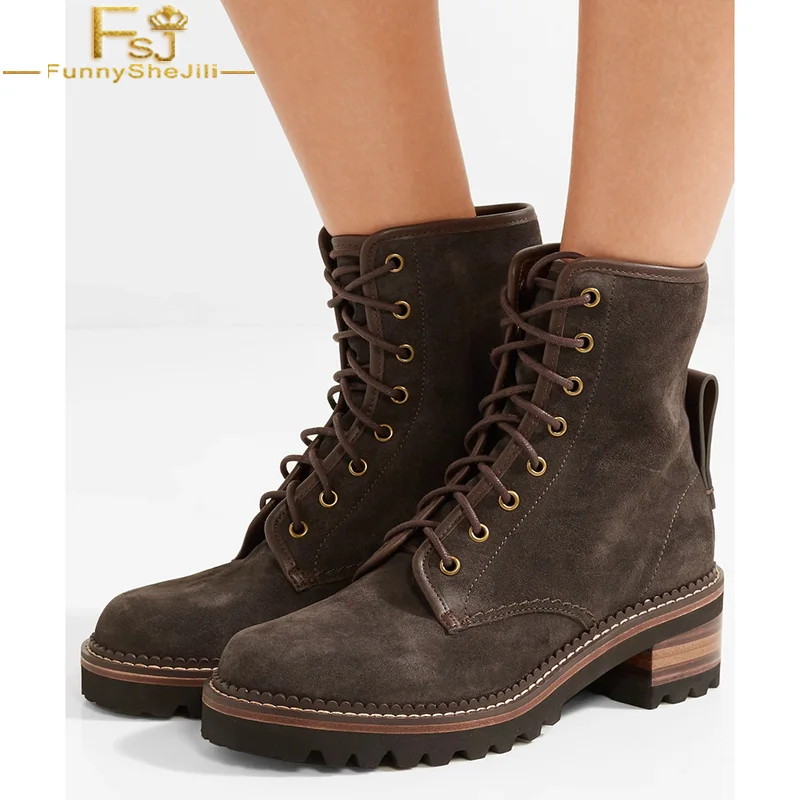 

FSJ Woman Warm Doc Martins Boots Winter Med Chunky Heel 2018 Brown Lace Up Womens Ankle Booties Round Toe Cross-tied Plus Size