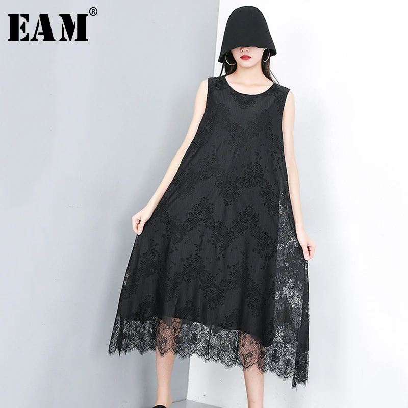 

[EAM] 2019 New Spring Summer Round Neck Sleeveblack Black Lace Split Joint Irregular Hem Temperament Dress Women Fashion JT603