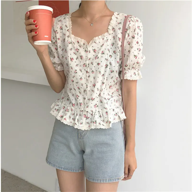 

Alien Kitty French Chic Girls 2019 Summer Loose Print Floral Fashion Square Collar Casual Female Sweet Fresh Ruffles White Shirt