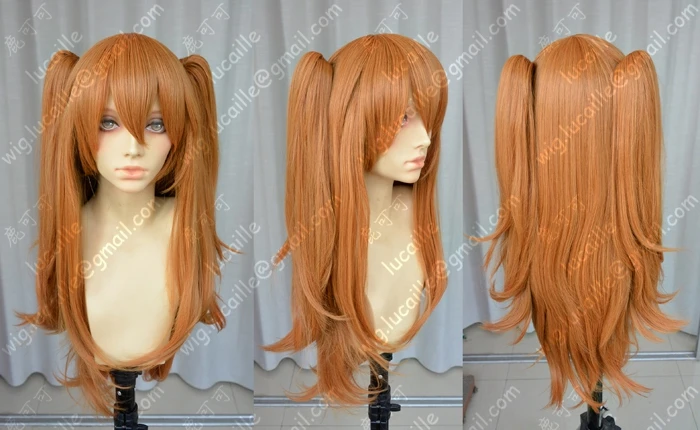 Парик для косплея Аниме EVA Asuka Langley Soryu Длинные оранжевые с 2 зажимами конского